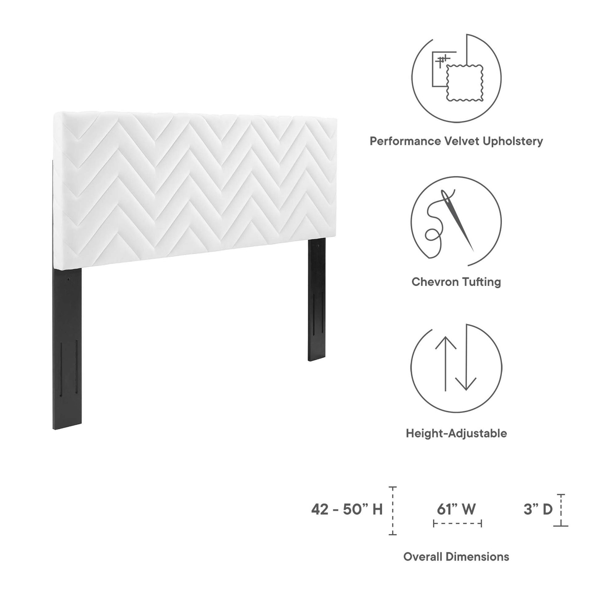 White chevron-tufted headboard in performance velvet with black height-adjustable legs; 61W x 42–50H x 3D