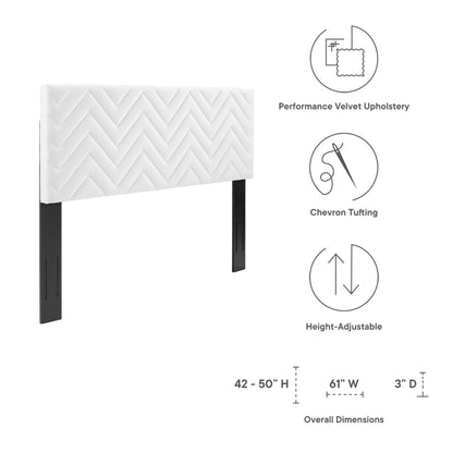 White chevron-tufted headboard in performance velvet with black height-adjustable legs; 61W x 42–50H x 3D