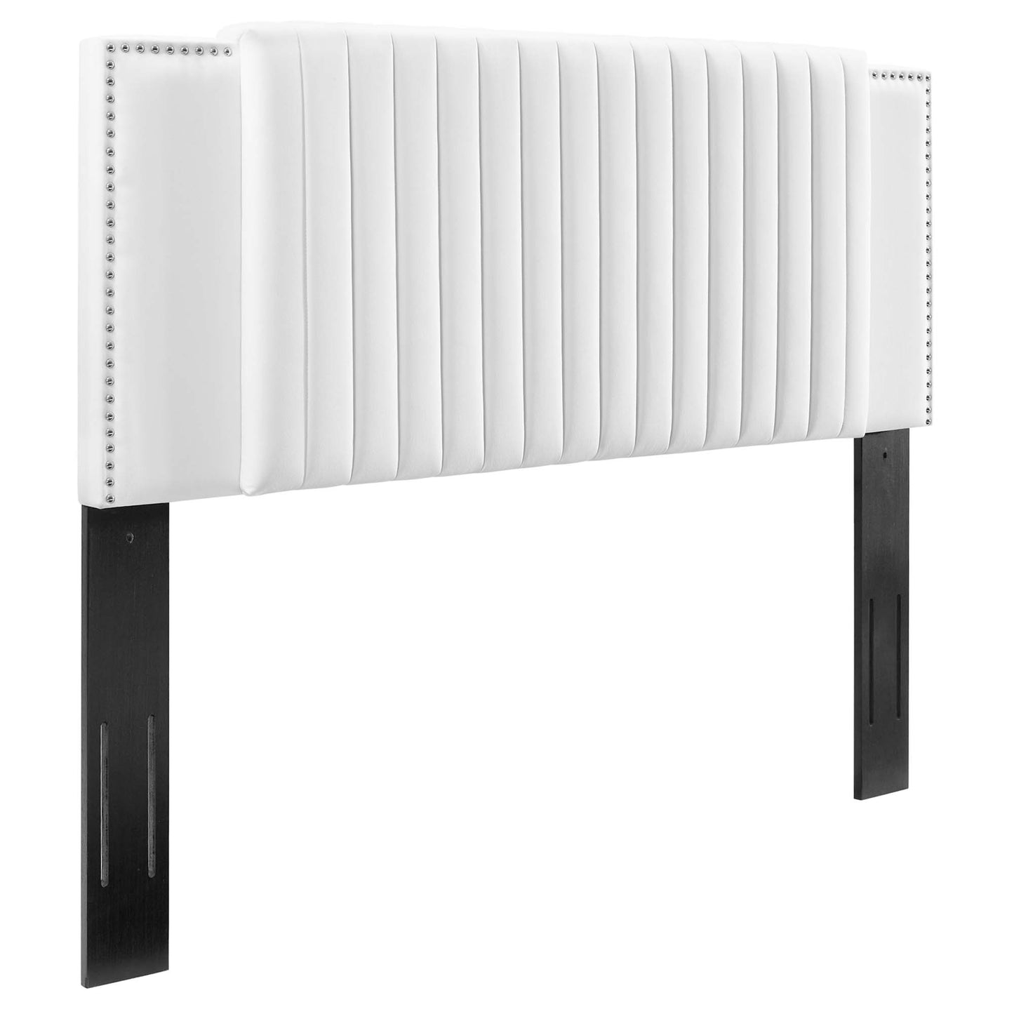 White upholstered headboard with vertical channel tufting, nailhead trim, and black wood legs.