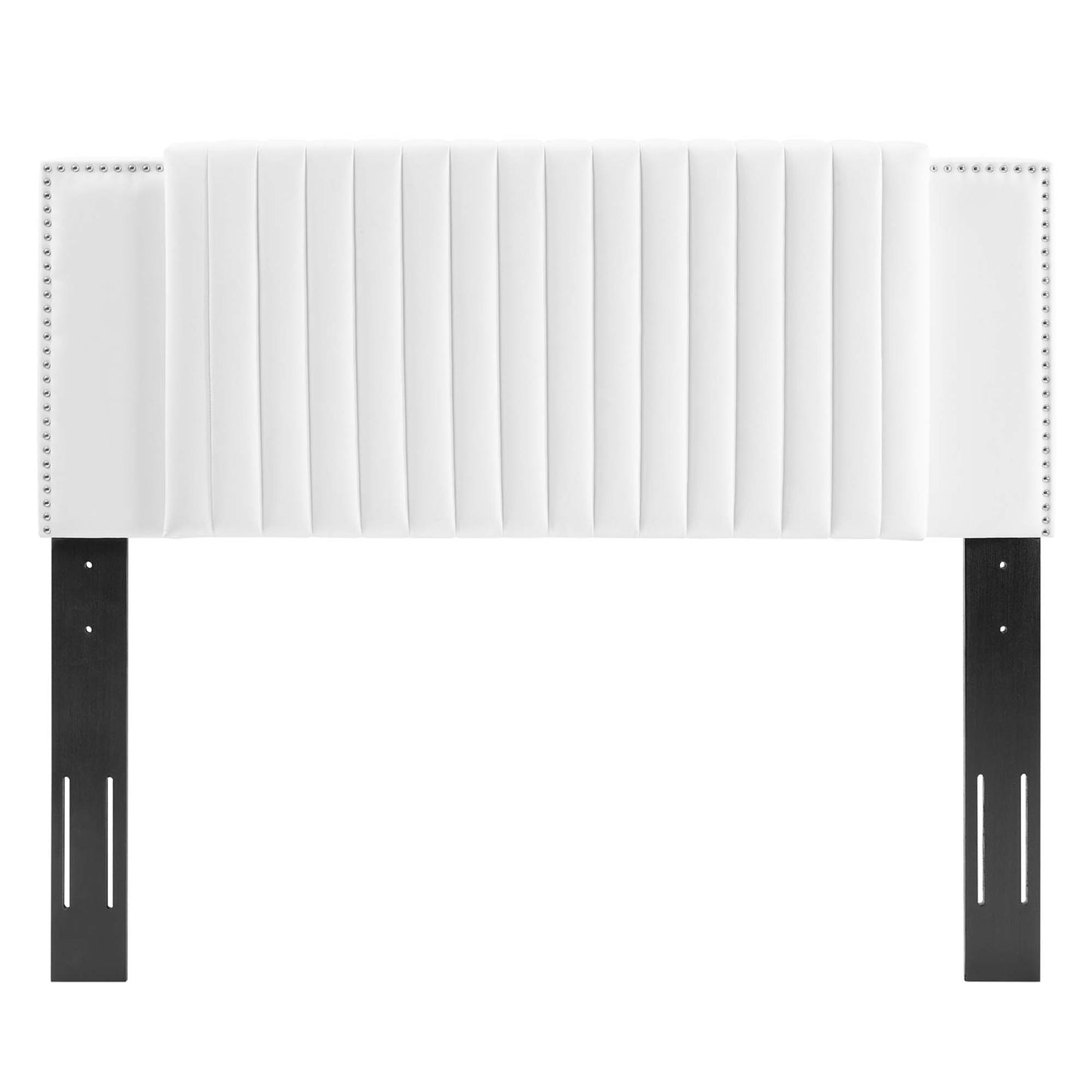 White upholstered headboard with vertical channel tufting and nailhead trim, mounted on black metal brackets.