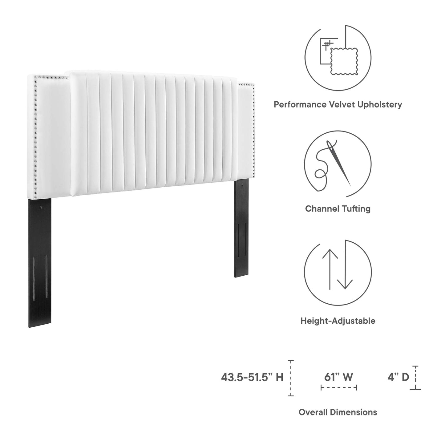 White performance velvet upholstered headboard with vertical channel tufting and height-adjustable black metal legs.