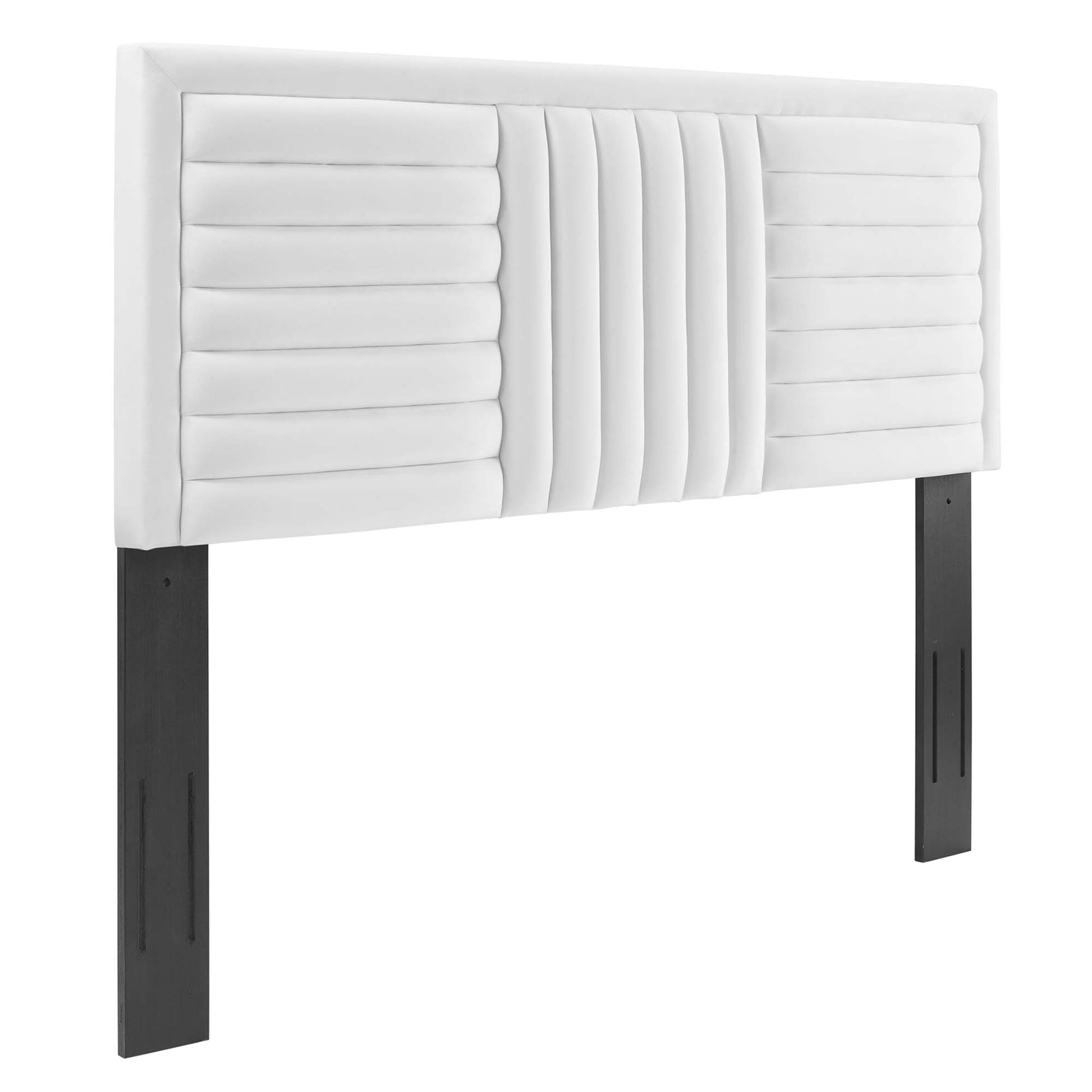 White padded headboard with vertical central channels & horizontal side panels on dark wood legs.