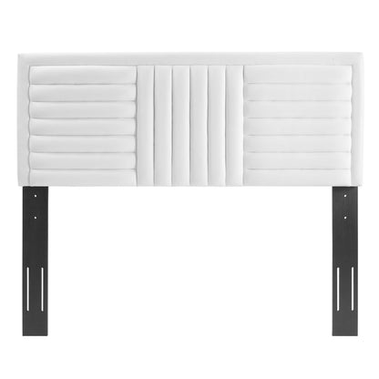 White upholstered headboard with padded horizontal channels on the sides and a central panel, mounted on dark metal legs.