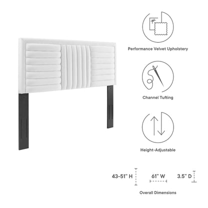 White performance velvet upholstered headboard with vertical channel tufting and black metal legs; height-adjustable.