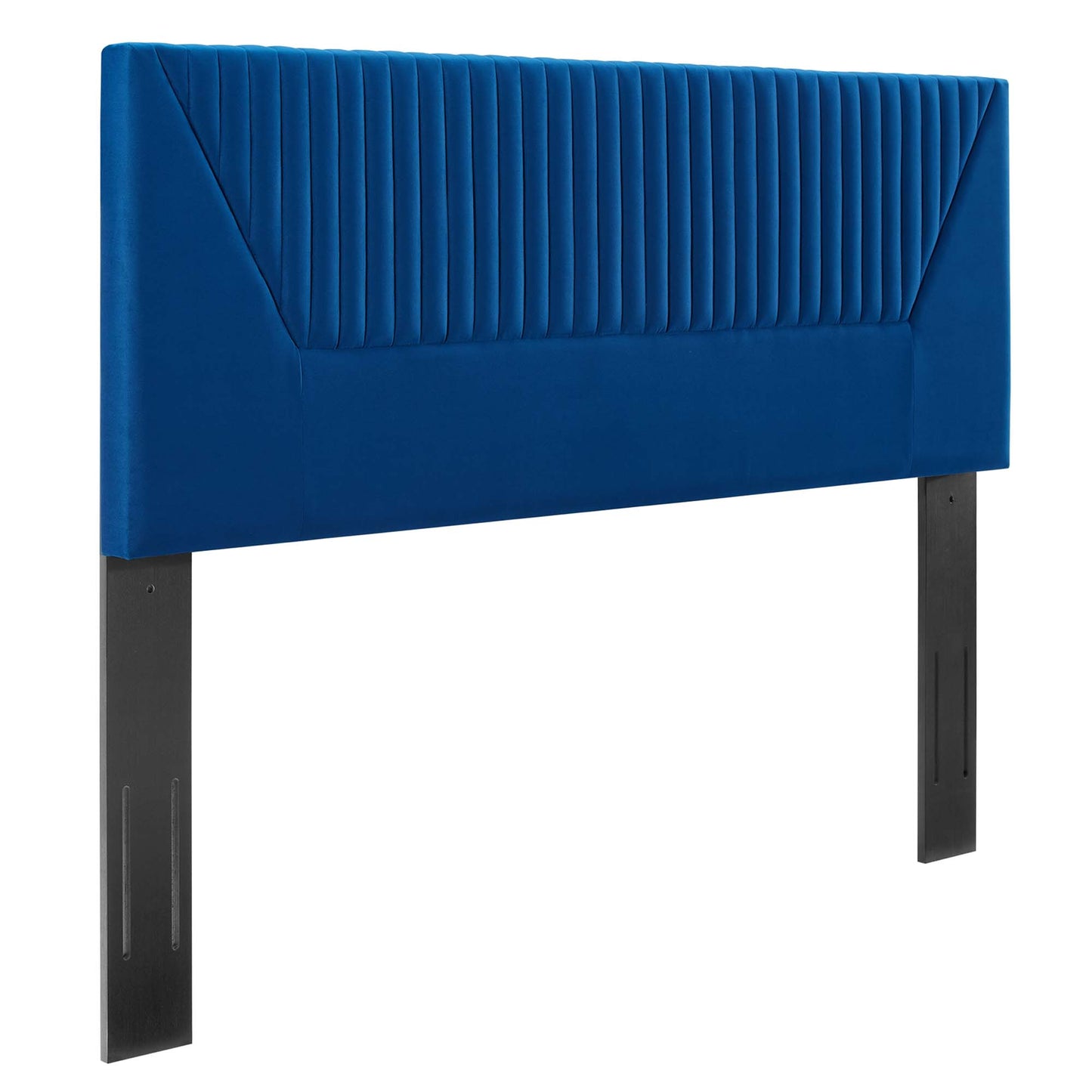Navy velvet upholstered twin headboard with vertical channel tufting and black metal legs.