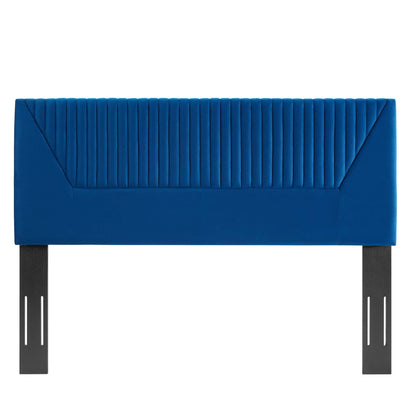 Navy twin headboard with vertical channel tufting in performance velvet.