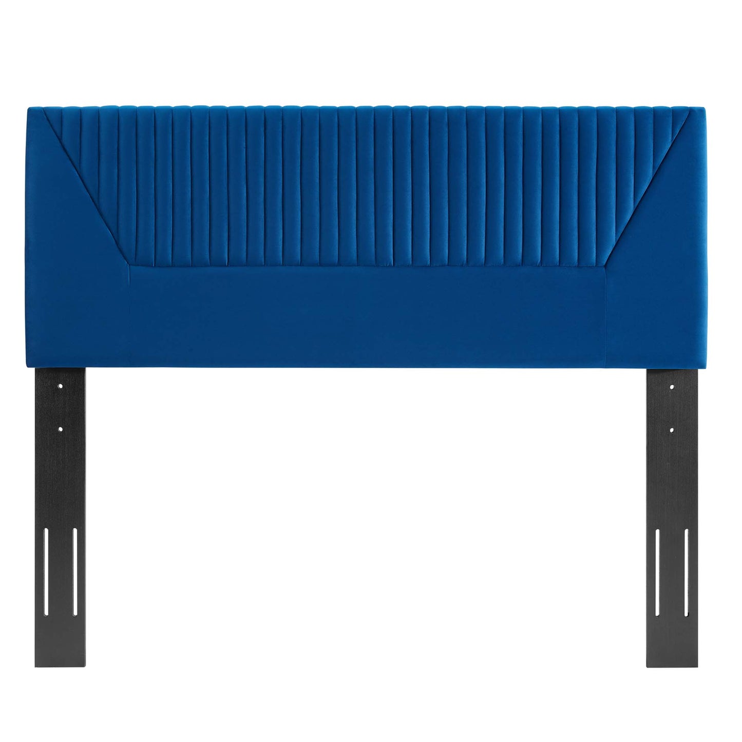 Navy blue upholstered twin headboard with vertical channel tufting and a flat bottom band, on two black metal legs.