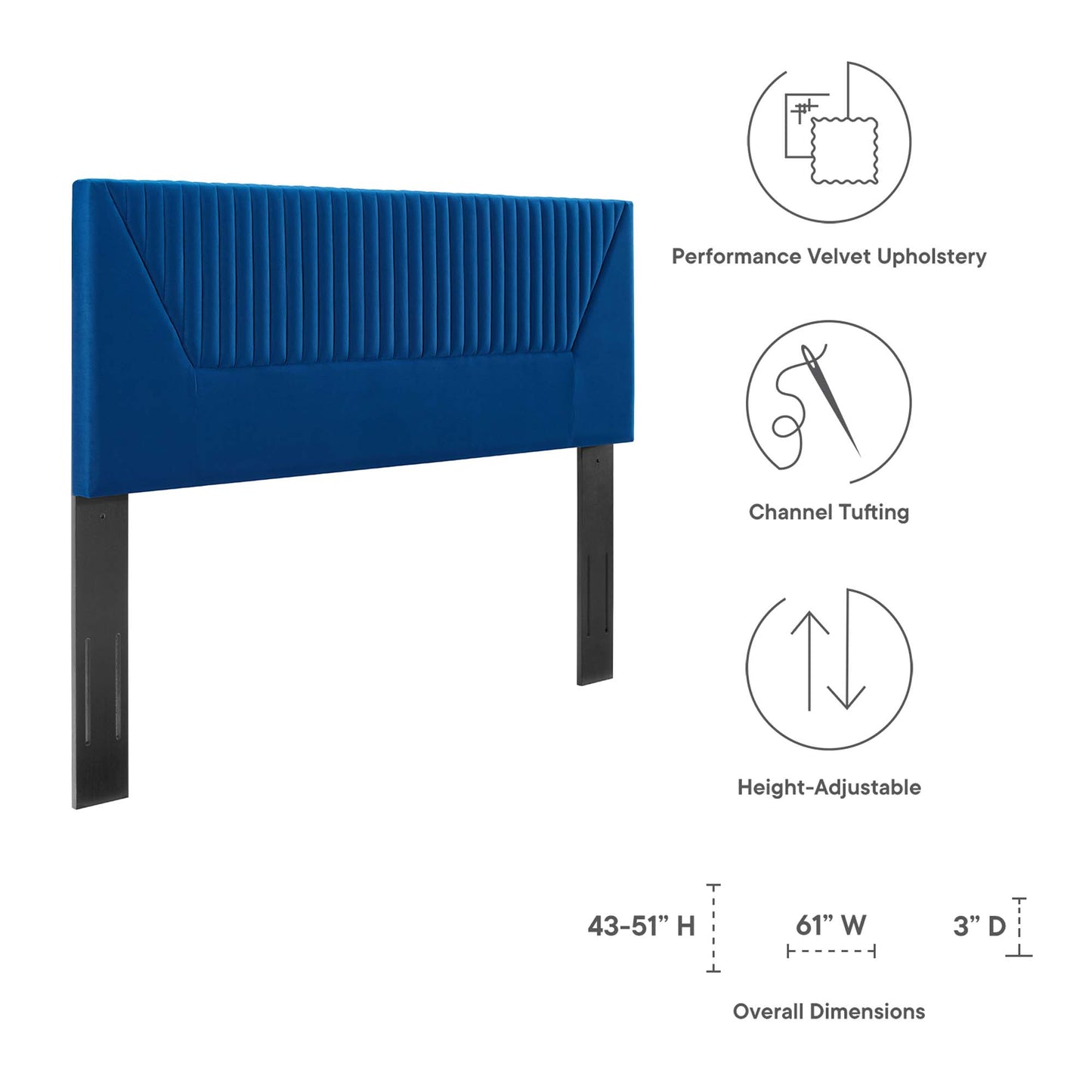 Navy performance velvet upholstered headboard with vertical channel tufting and height-adjustable metal legs.