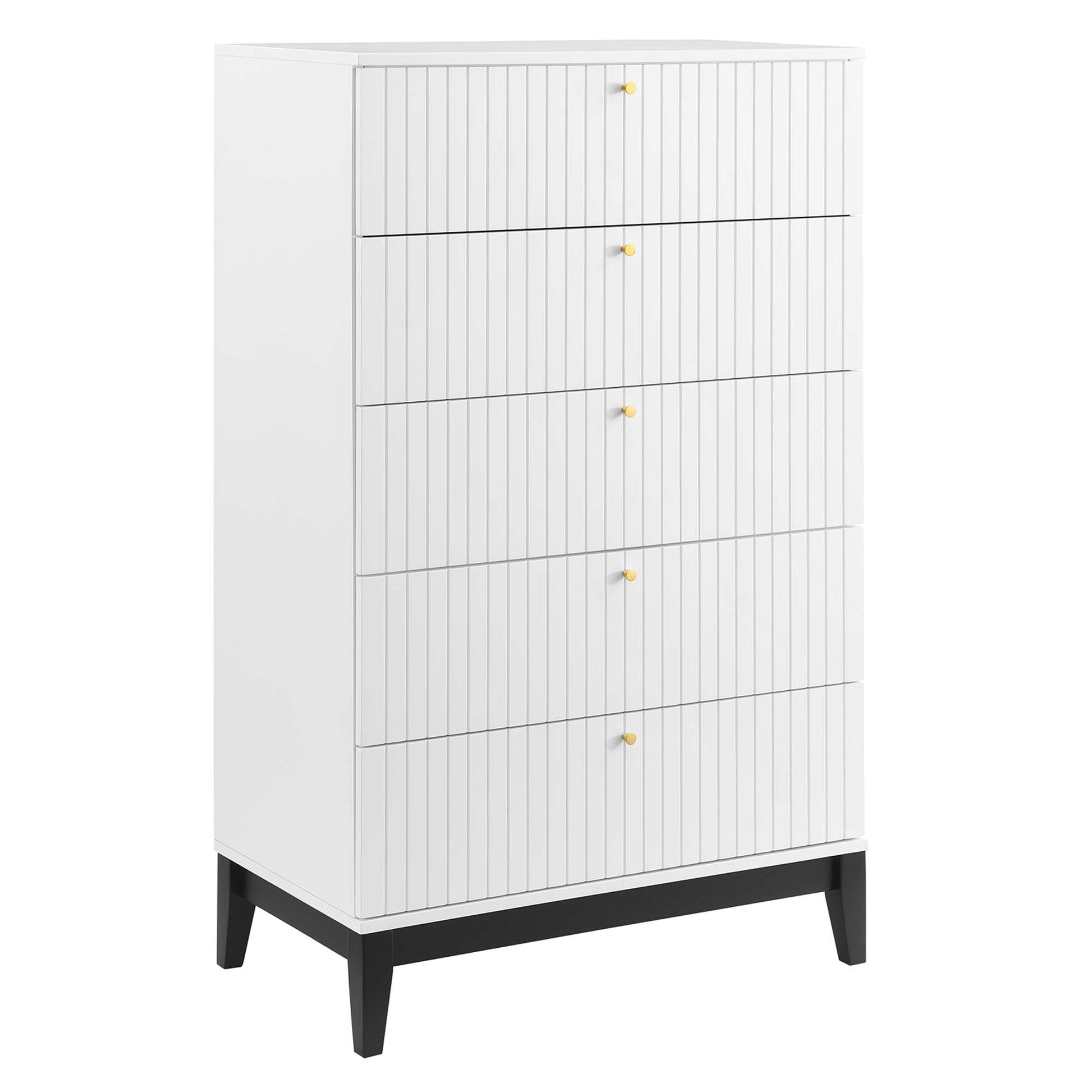 White five-drawer dresser with vertical grooved panels, yellow knobs, and black tapered legs; mid-century modern style.