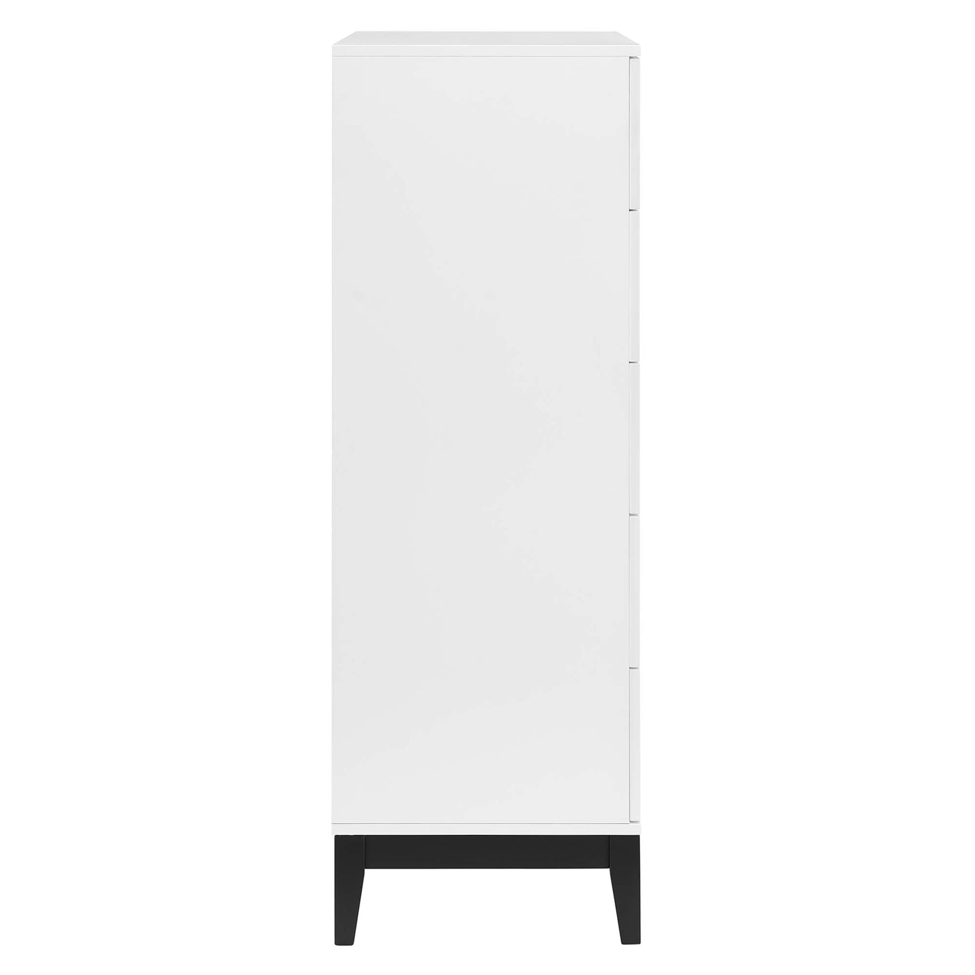 Tall white Dakota Chest with four drawers on the right side, black angled legs, minimalist mid-century storage.