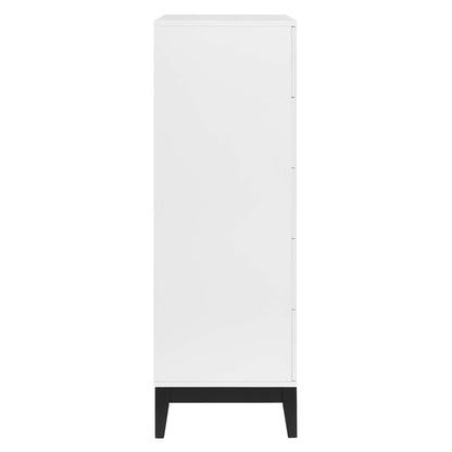 Tall white Dakota Chest with four drawers on the right side, black angled legs, minimalist mid-century storage.