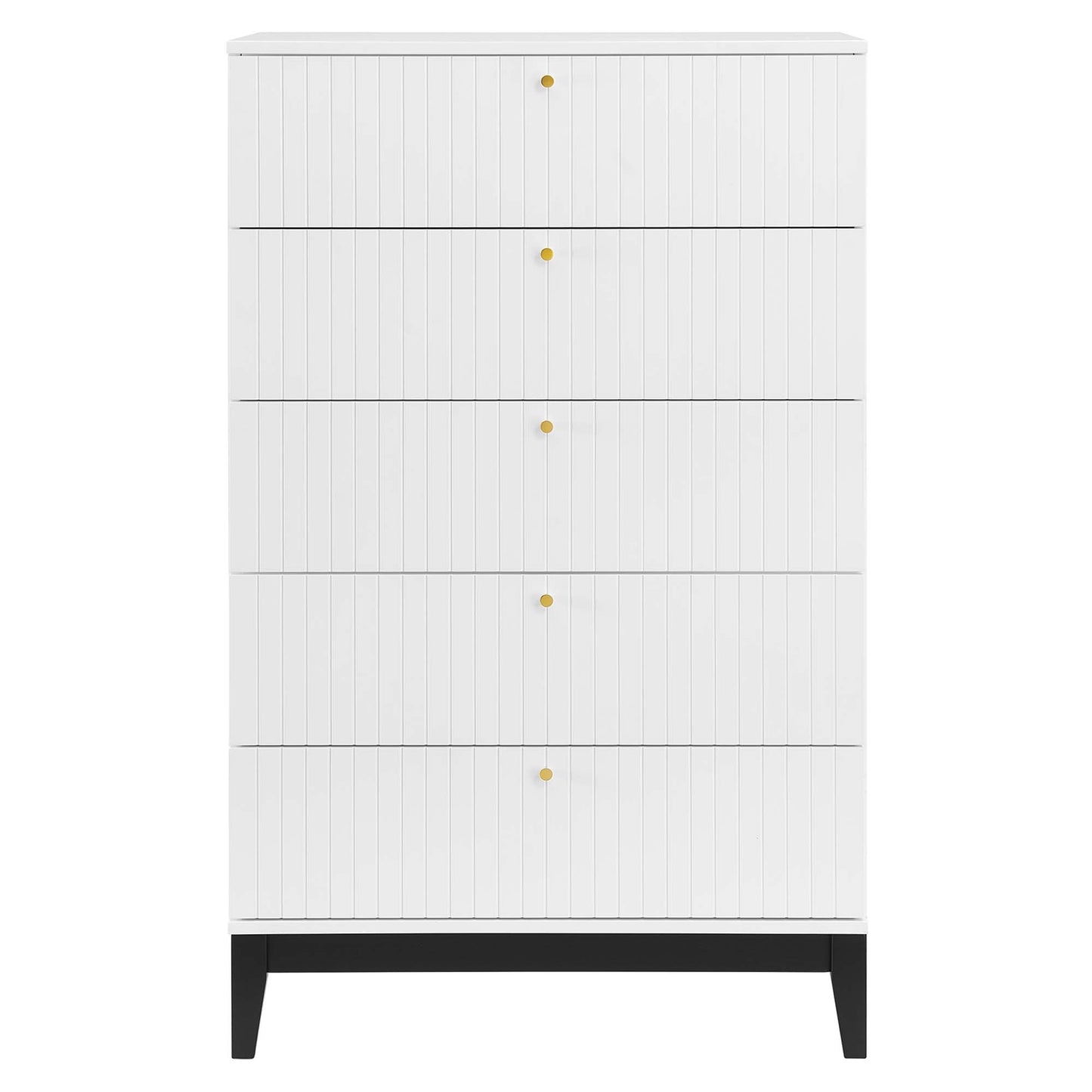 White tall dresser with vertical paneling, six drawers with gold knobs, black tapered legs.