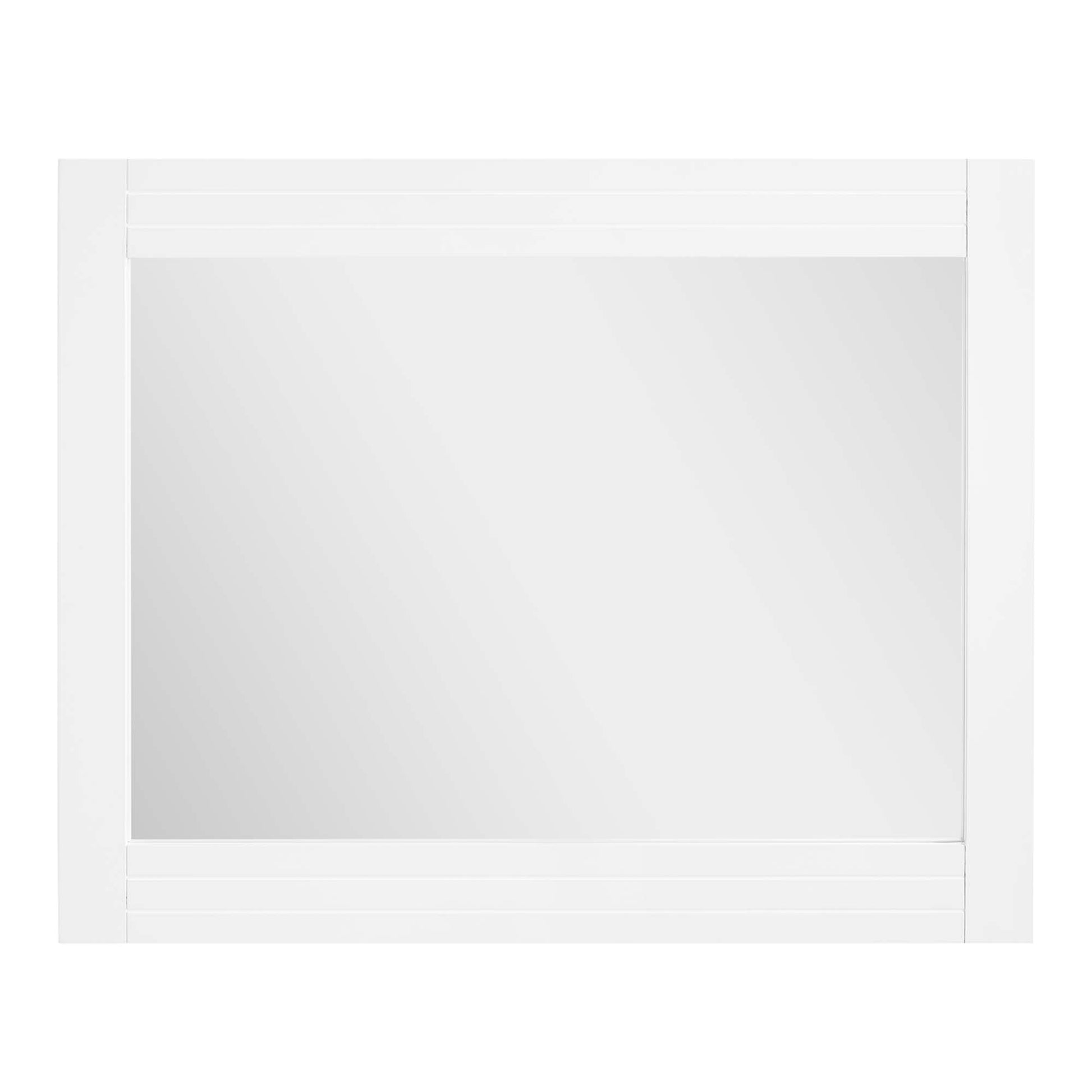 White framed wall mirror with a wide border & slatted trim accents on the top & bottom