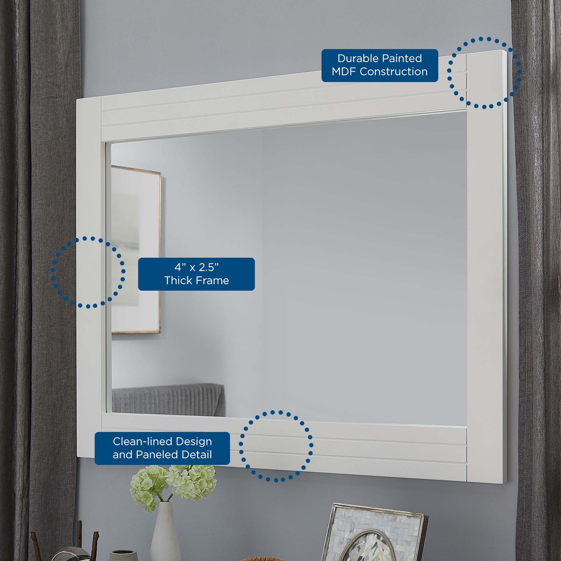 White-framed wall mirror with durable painted MDF construction, clean-lined paneled frame, 4" x 2.5" thick, modern bedroom style.