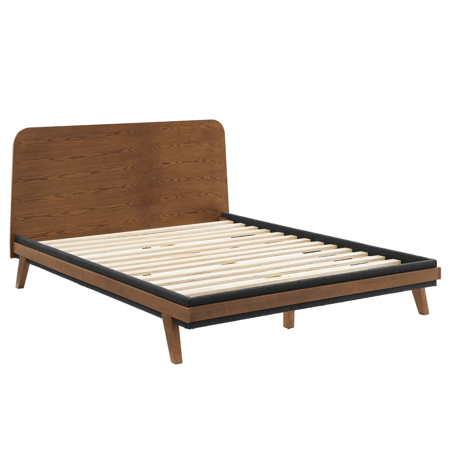 Walnut queen platform bed with a tall curved headboard and slatted base.