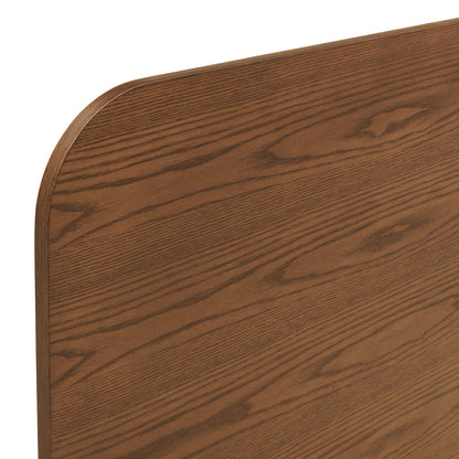 Walnut wood queen platform bed with rounded edge and pronounced grain.