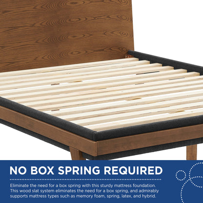 Walnut queen platform bed with light wood slats, dark upholstered edge, wooden frame and low-profile legs; no box spring.