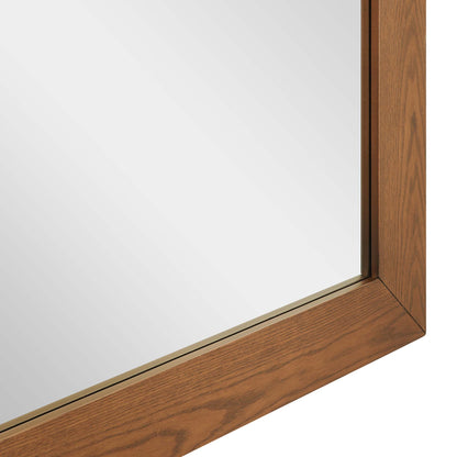 Walnut wood-framed rectangular mirror with a slim gold-tone inner-edge trim.