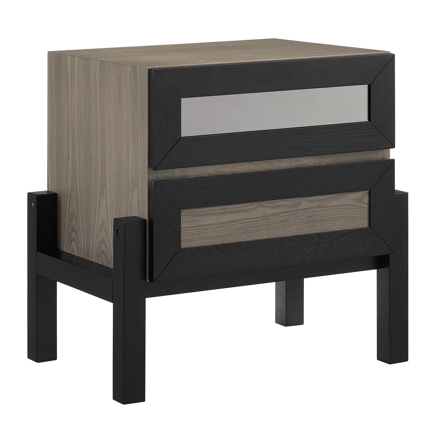 Two-drawer nightstand with black frame and oak sides, gray top center and oak bottom center, on black legs.