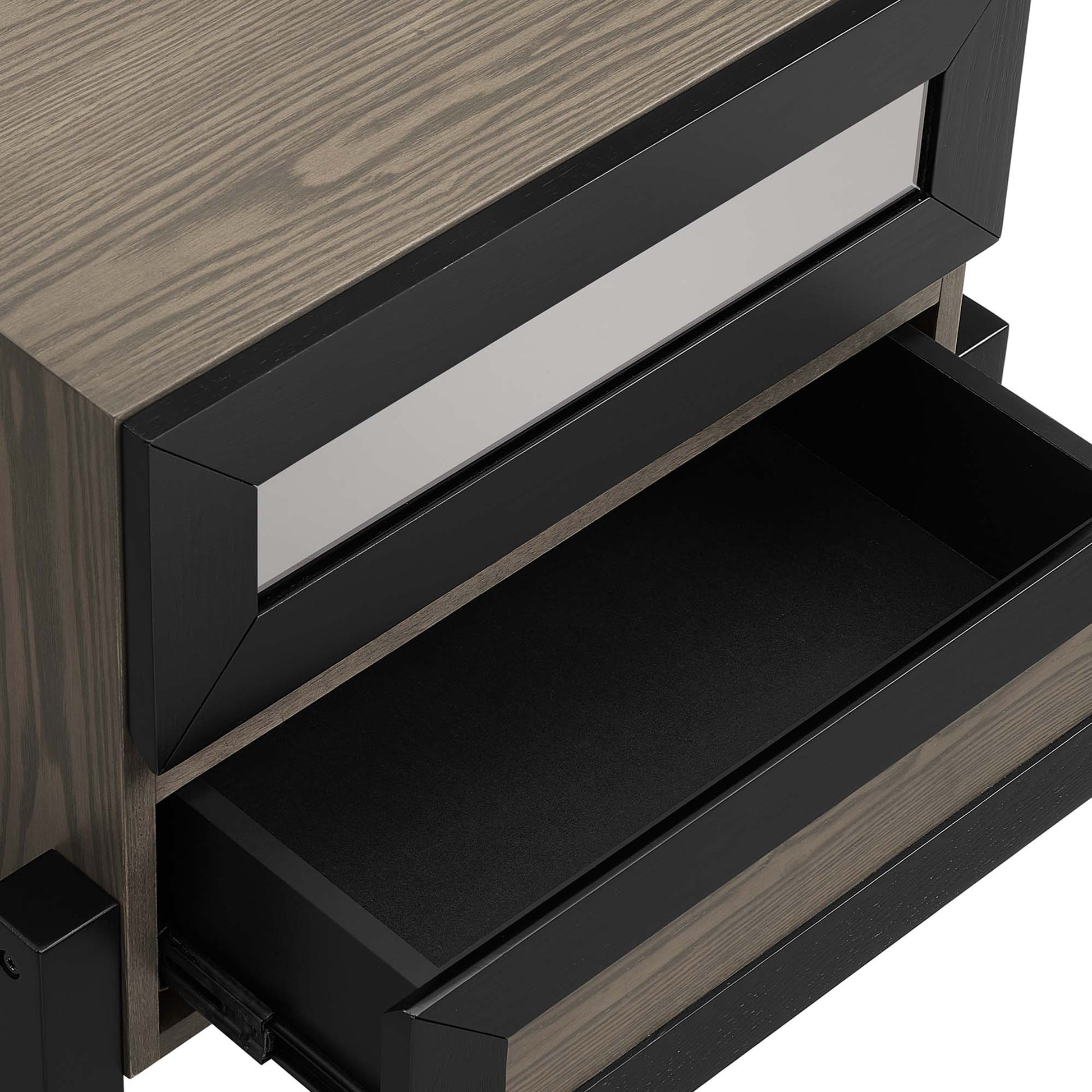 Oak-finish wood nightstand with black metal frame; top gray-front drawer and open lower drawer with black interior