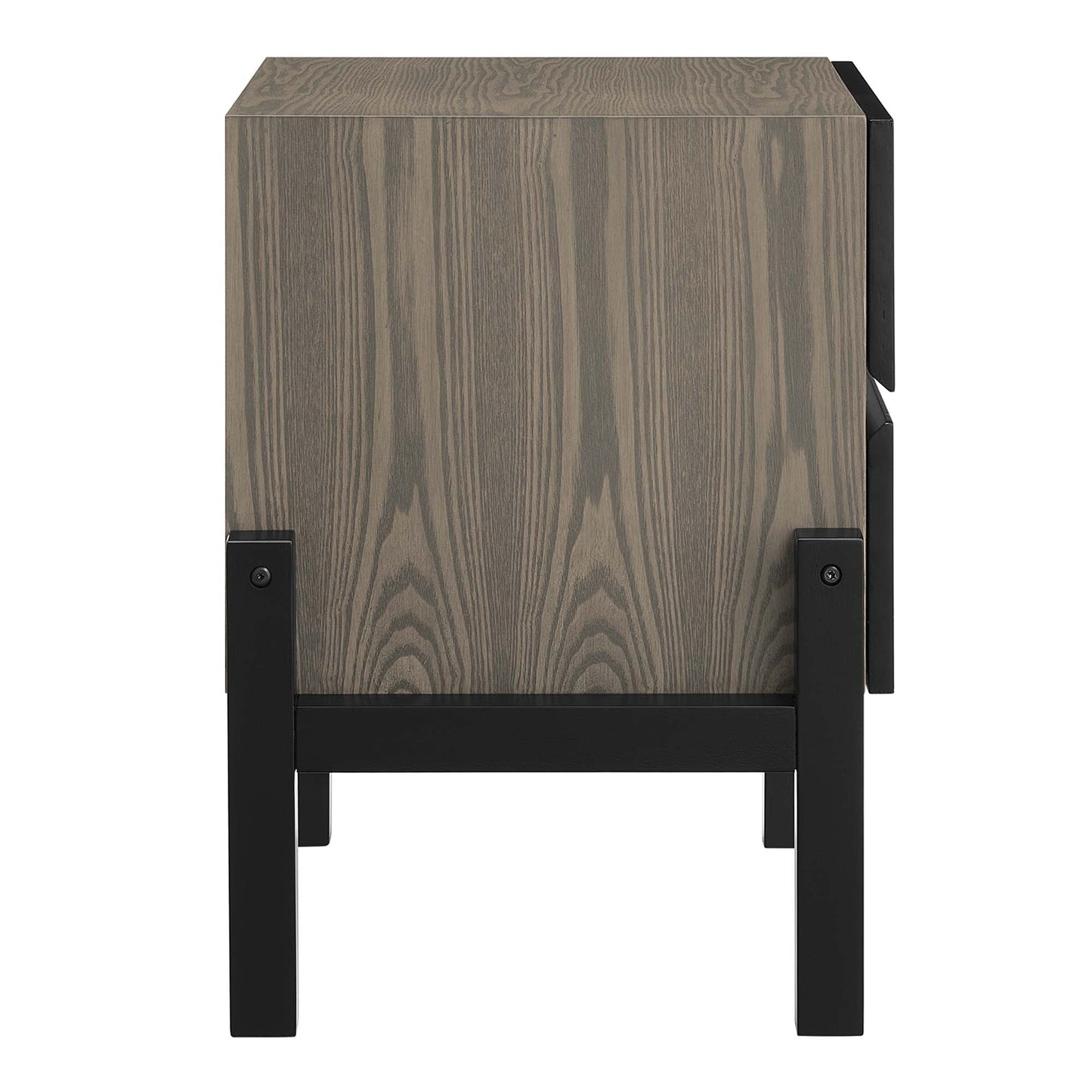 Oak-finish cube storage with black metal legs; modern industrial nightstand.