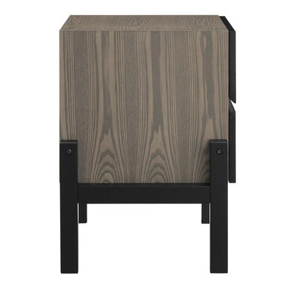 Oak-finish cube storage with black metal legs; modern industrial nightstand.
