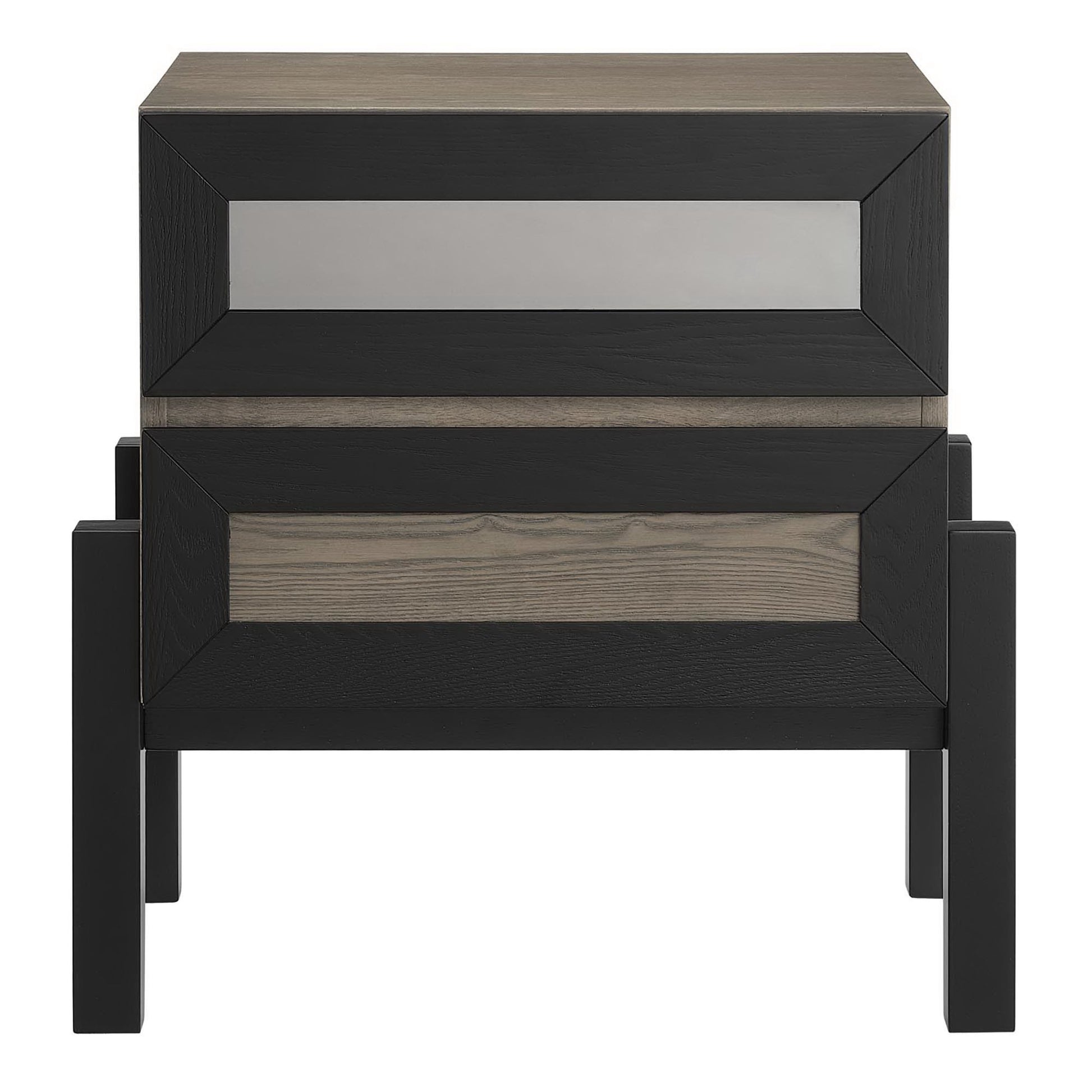 Oak-finish two-drawer nightstand with beveled frame fronts; top drawer with a mirror panel, square legs.