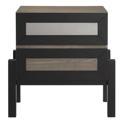 Oak-finish two-drawer nightstand with beveled frame fronts; top drawer with a mirror panel, square legs.