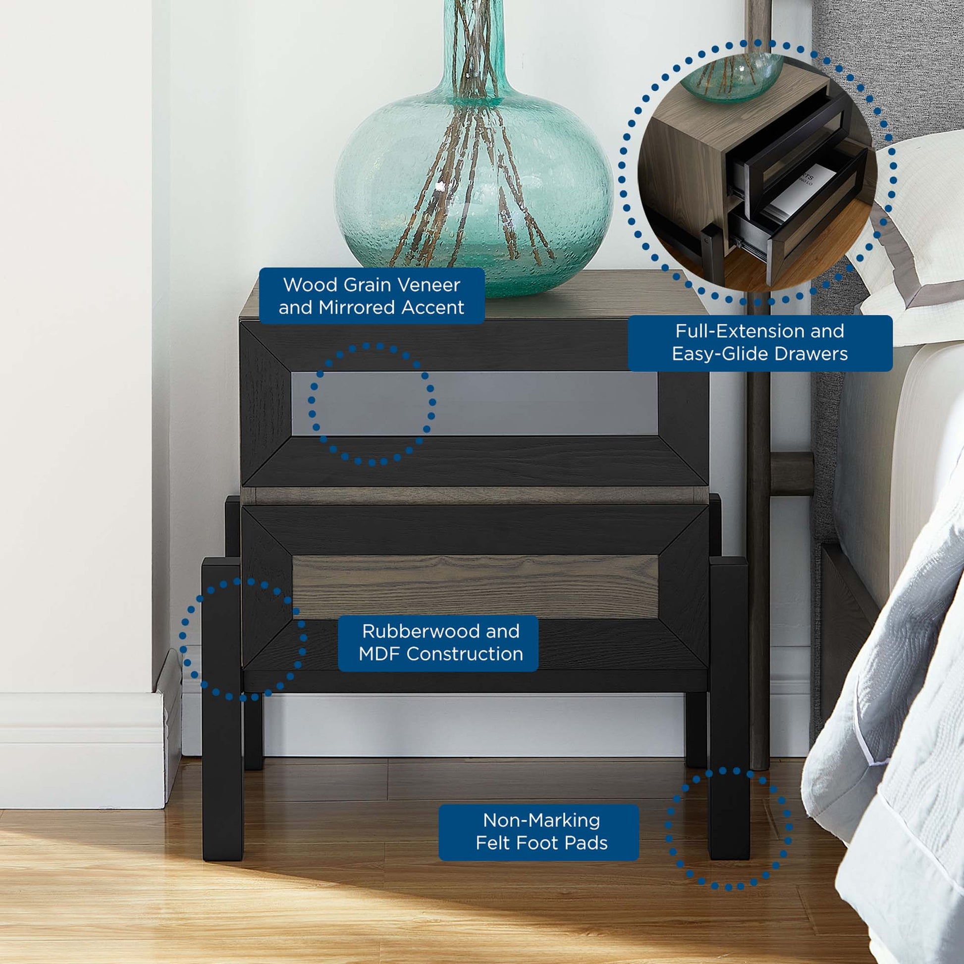 Oak nightstand with two drawers, wood grain veneer and mirrored accents; felt pads.