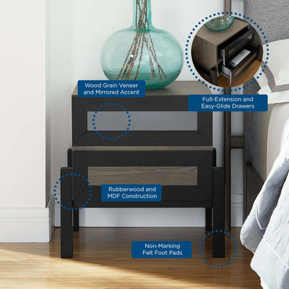 Oak nightstand with two drawers, wood grain veneer and mirrored accents; felt pads.