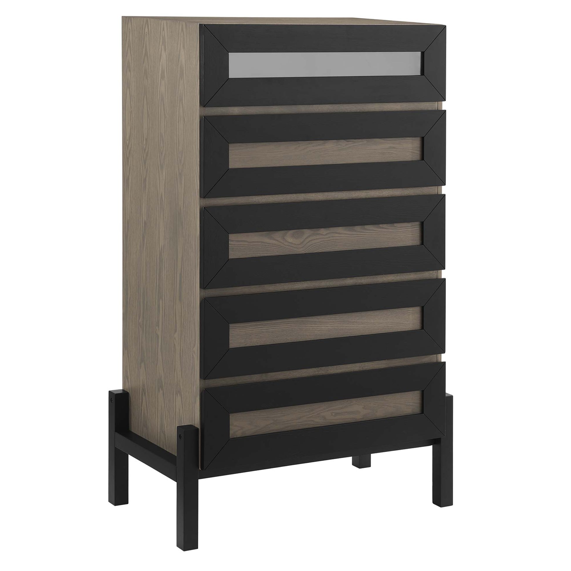 Tall oak veneer chest with black angular framed drawer fronts on a black metal frame, modern industrial style.
