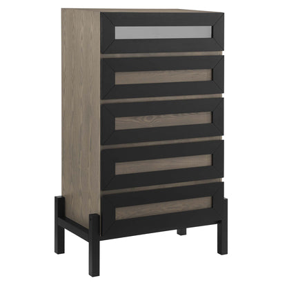 Tall oak veneer chest with black angular framed drawer fronts on a black metal frame, modern industrial style.