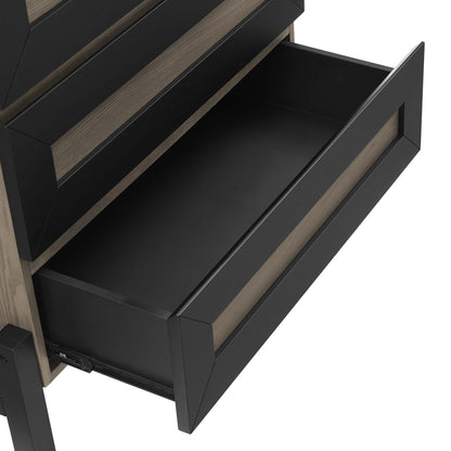 Oak veneer chest with natural oak panels and a handle-free front; one drawer pulled out shows a black interior.