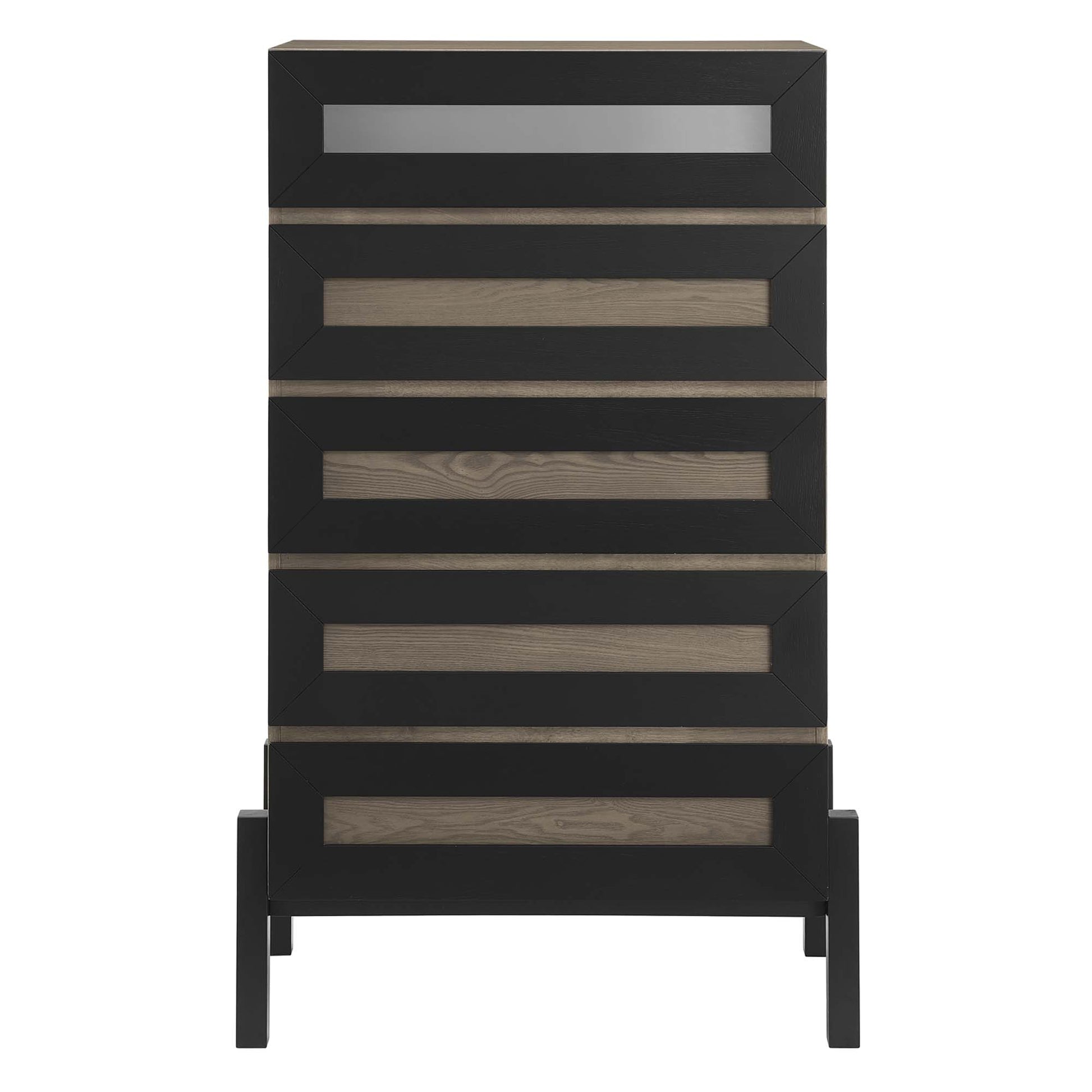 Tall black chest with oak wood horizontal drawer inlays and slender legs.