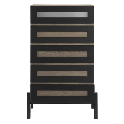 Tall black chest with oak wood horizontal drawer inlays and slender legs.