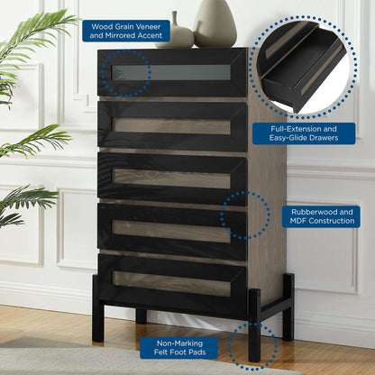 Oak wood-grain chest with black frame and multiple drawers; rubberwood & MDF construction with non-marking felt feet.