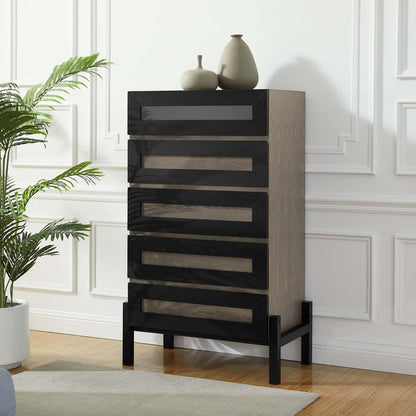 Oak veneer tall chest with black framed drawers & a black metal base, modern storage.