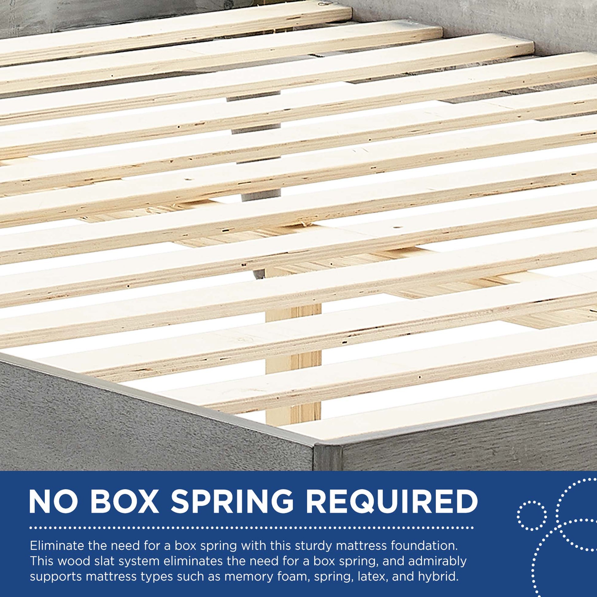 Light wood slat bed base with gray frame; low-profile platform bed, no box spring required.