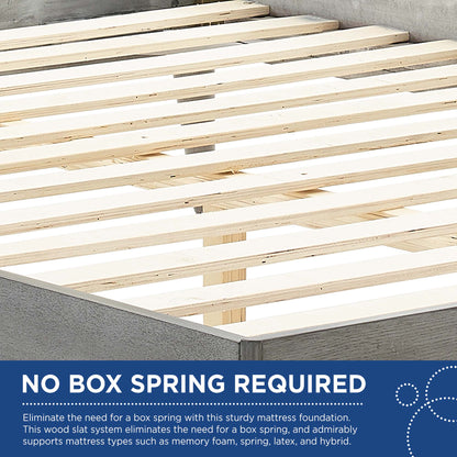 Light wood slat bed base with gray frame; low-profile platform bed, no box spring required.