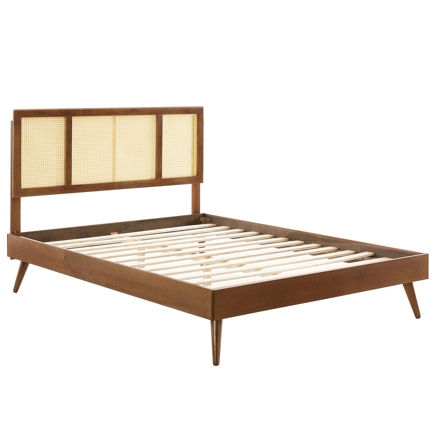 Walnut mid-century platform bed frame with caned headboard panels, slatted base and splayed legs.