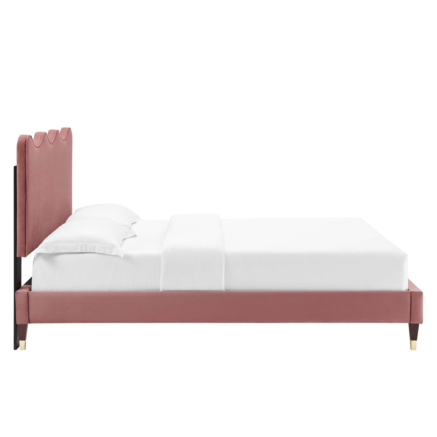 Dusty rose velvet twin platform bed with scalloped headboard, gold-tipped legs, white sheets & pillows.