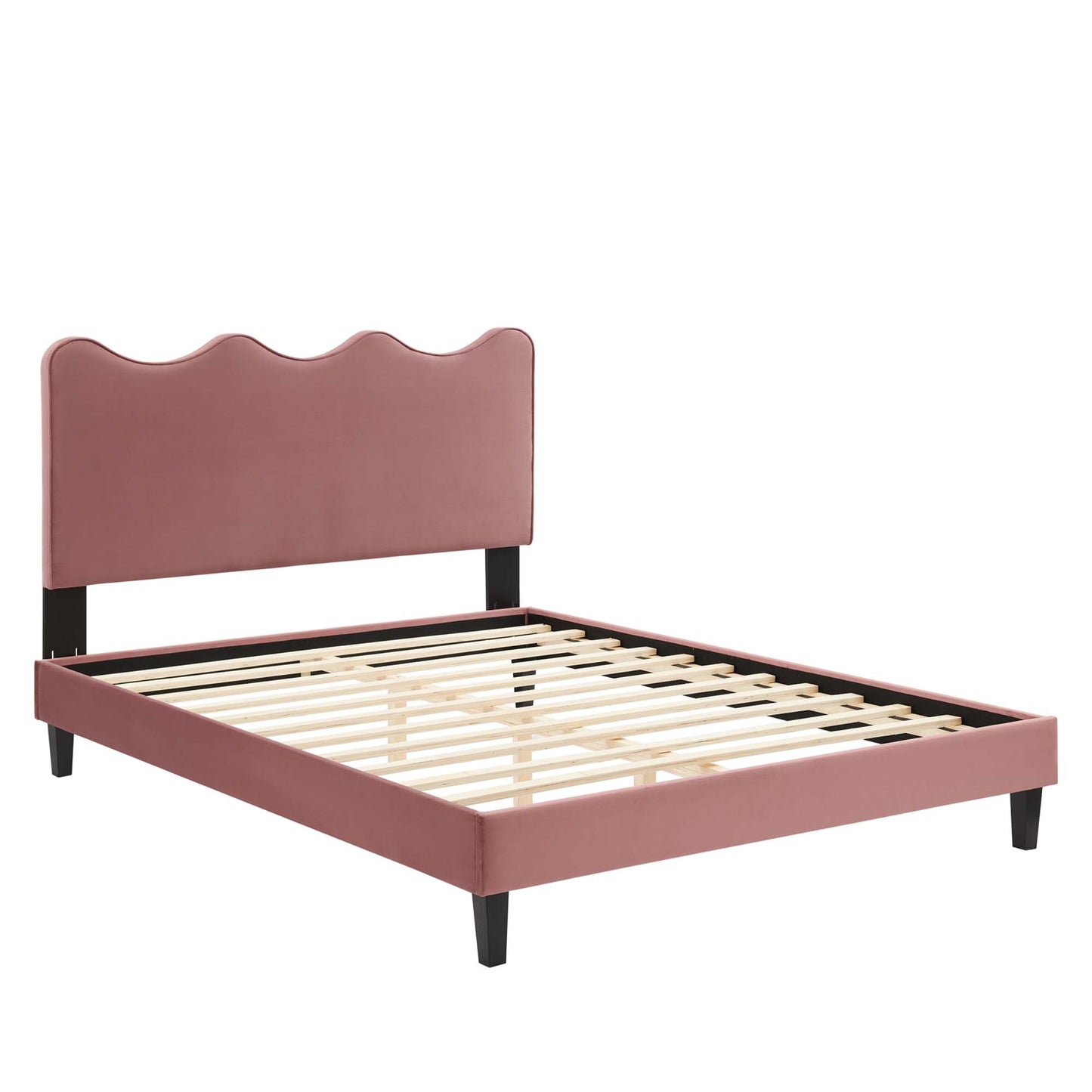 Red velvet twin platform bed with an upholstered frame and slatted base.