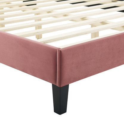 Red velvet upholstered twin platform bed with black square legs.