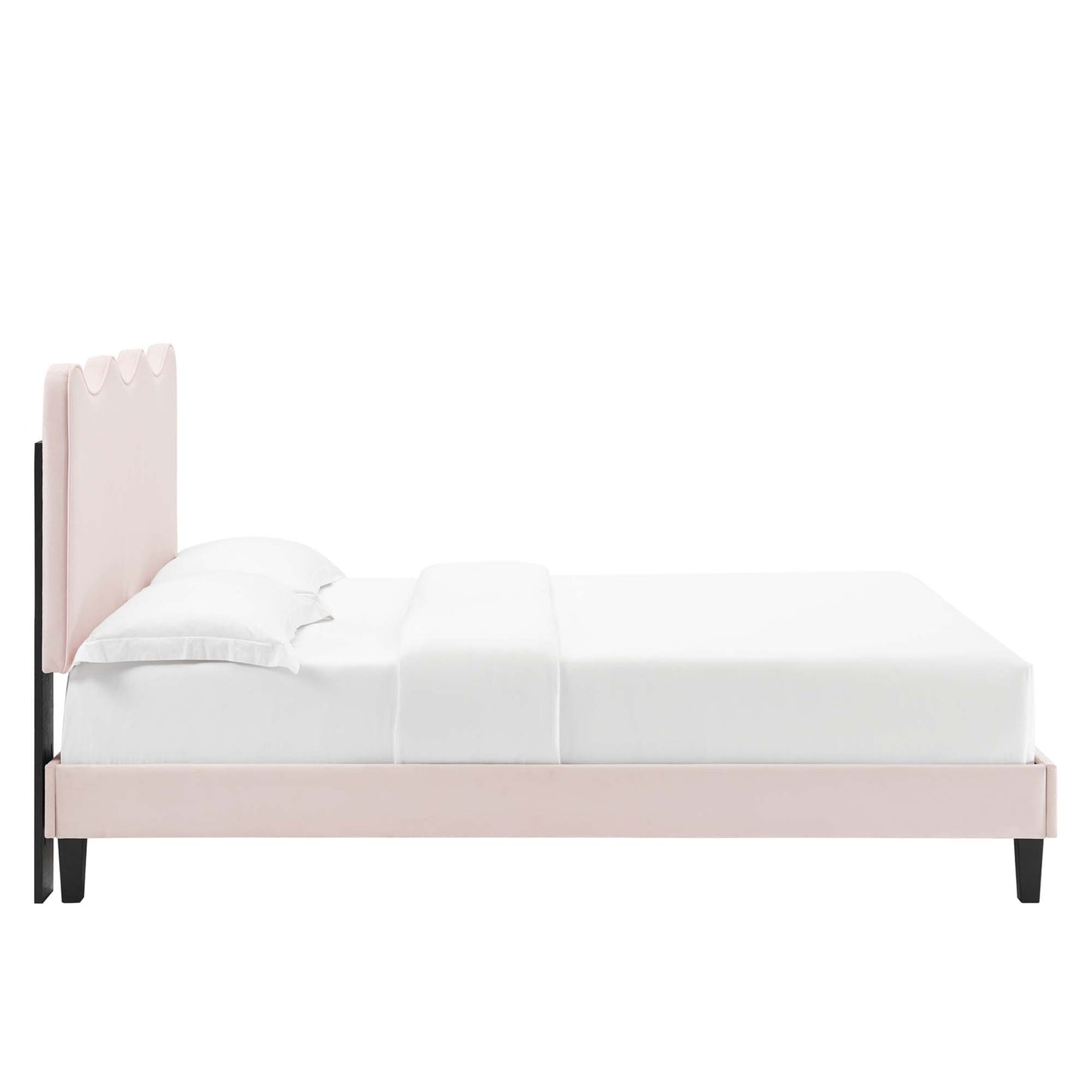 Red upholstered twin platform bed with scalloped-panel headboard, white bedding, black tapered legs; modern minimalist bedroom.