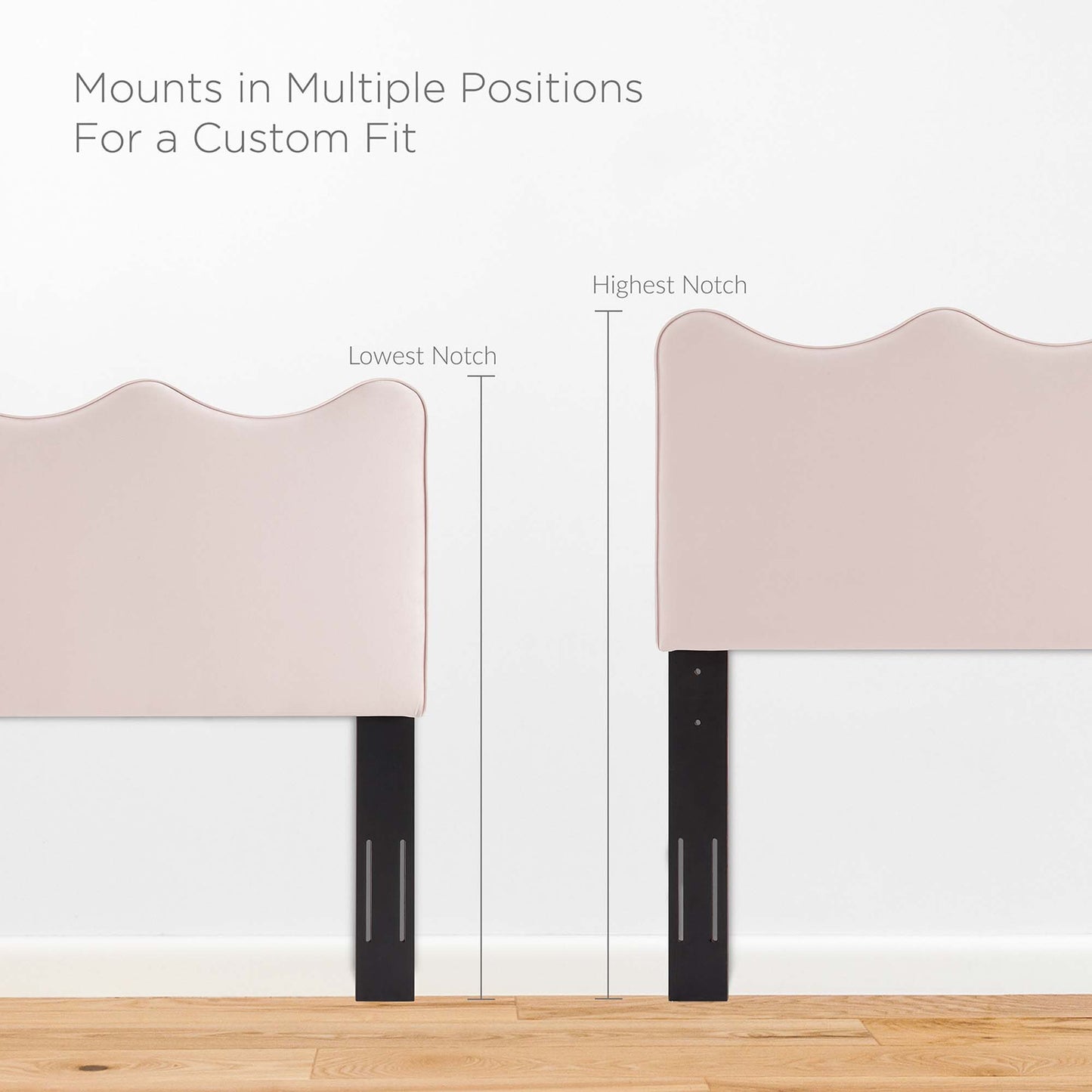 Red upholstered headboard panels on black adjustable legs with height notches for a custom-fit twin platform bed.