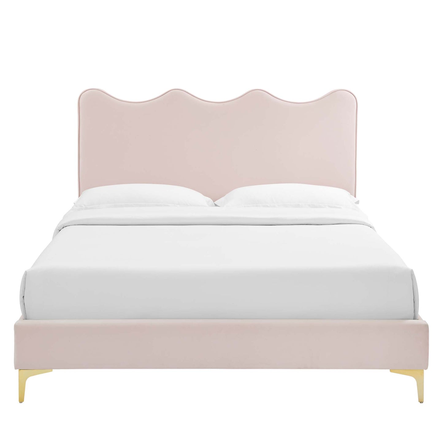 Blush pink upholstered bed with scalloped headboard, white bedding, gold legs, modern glam style.