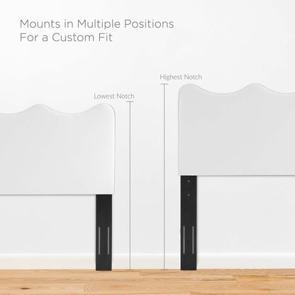 White bed frame with curved headboard and black adjustable mounting posts showing lowest and highest notch.
