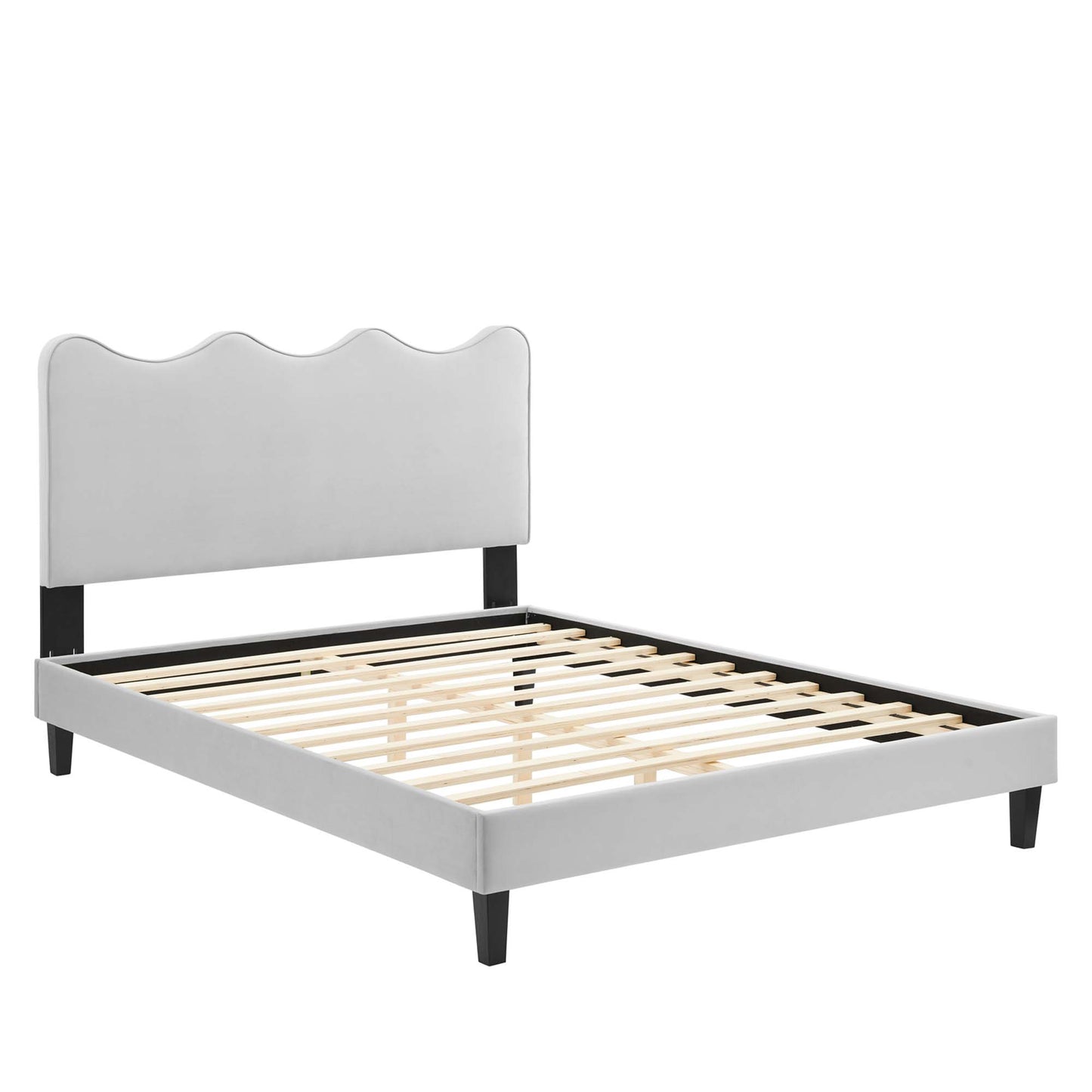Light gray upholstered platform bed with a wavy headboard, black legs, and wooden slat support.
