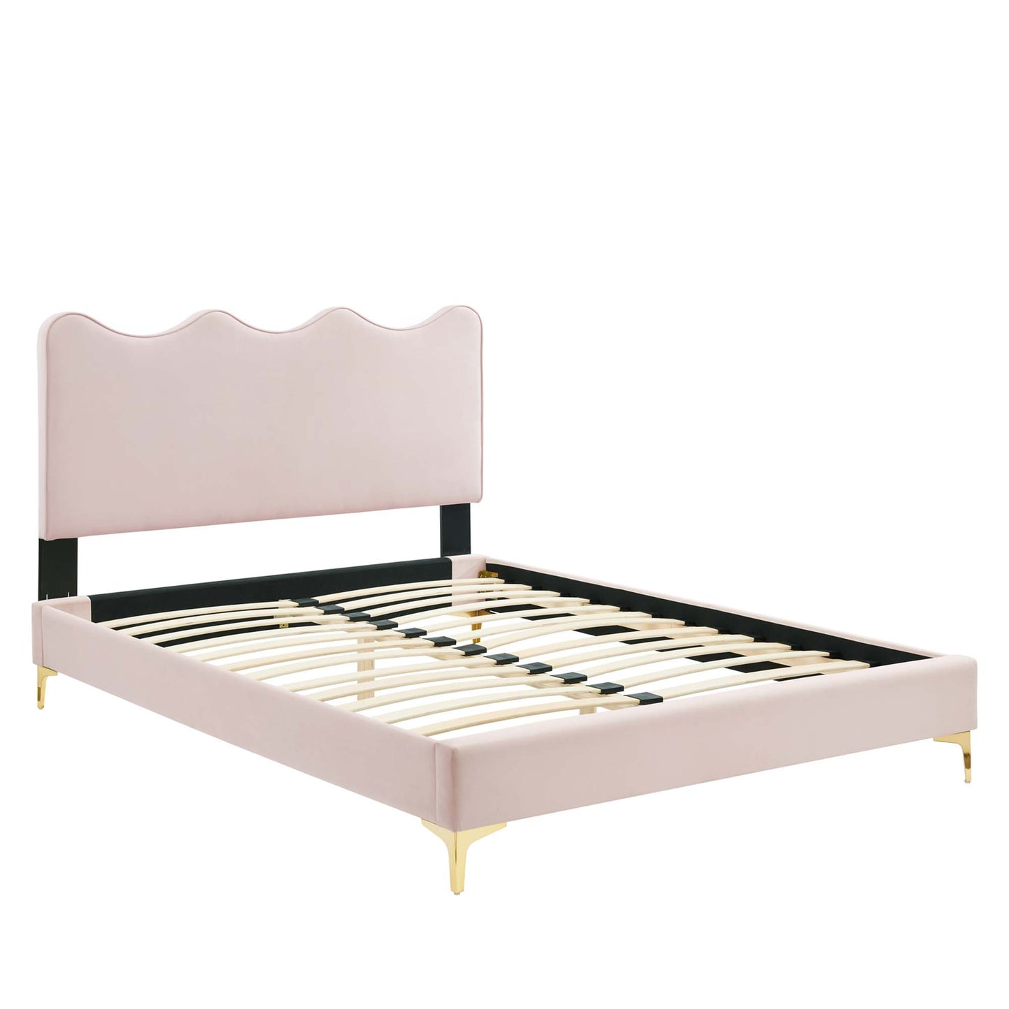 Red velvet upholstered queen platform bed with a scalloped wavy headboard, black supports and gold feet; slatted platform.