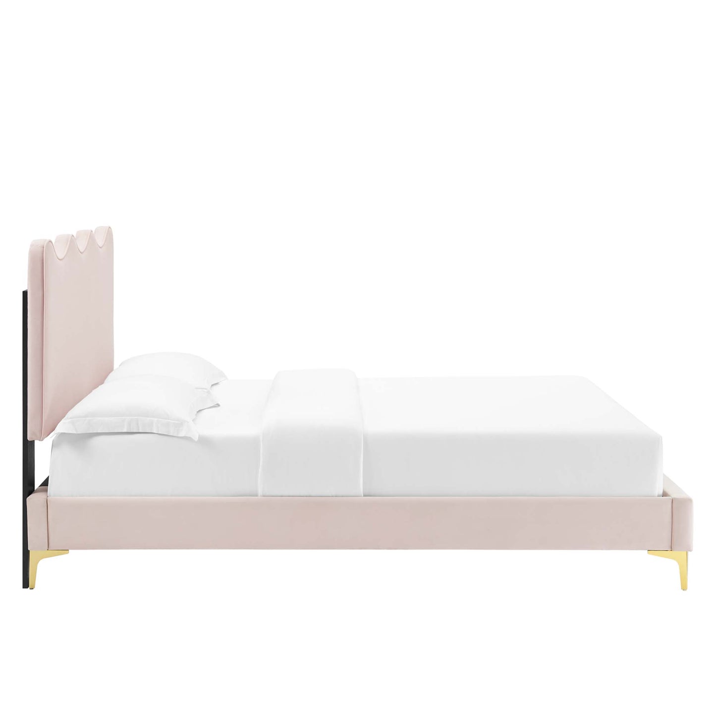 Pastel pink upholstered platform bed with tall tufted headboard, black side supports & gold feet, white bedding.